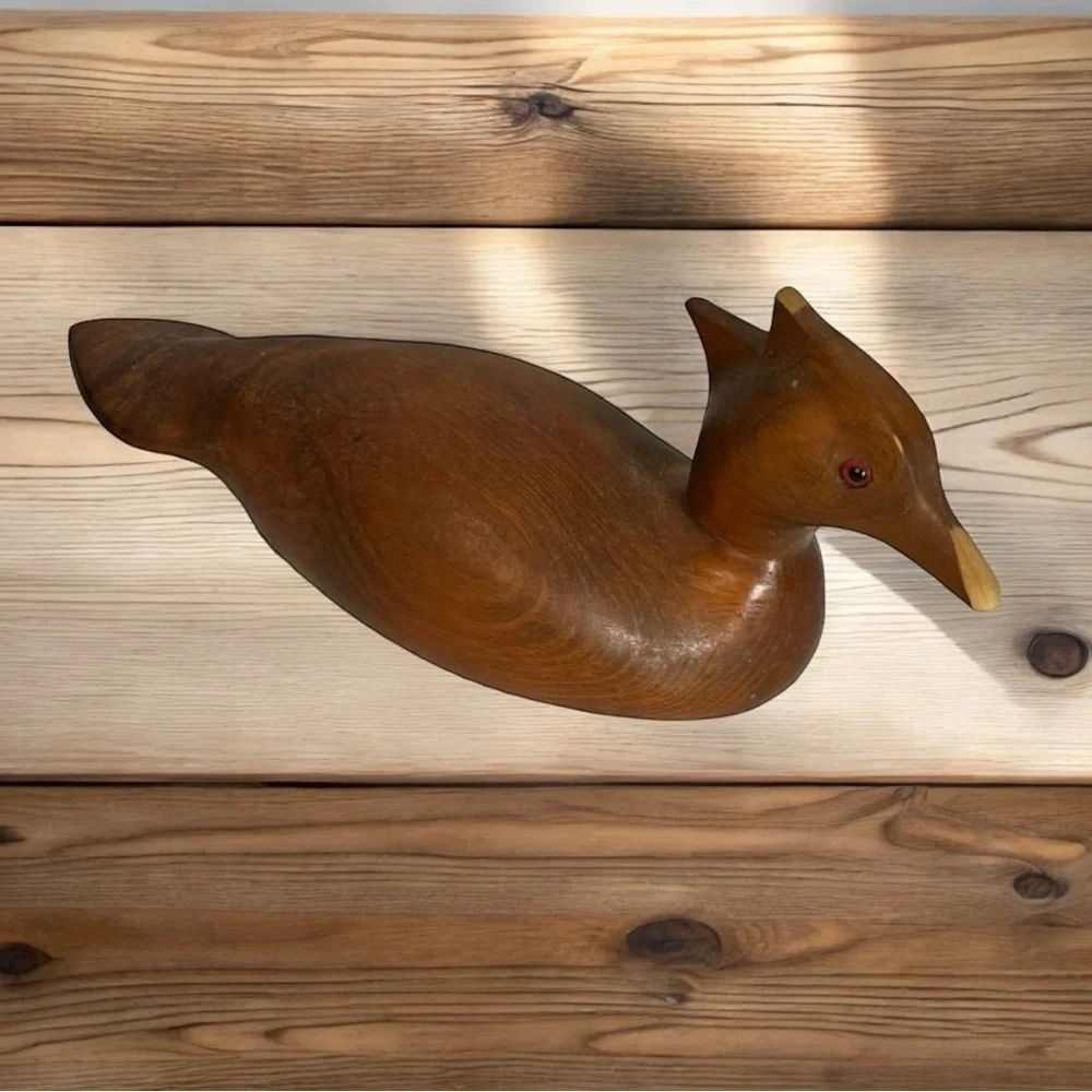 12.5” Wooden Carved Duck Decoy Brown Stripped Wood